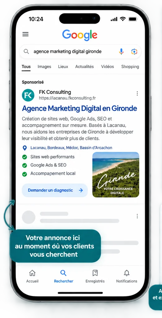 Annonce Google Ads mobile ciblant une agence marketing digital en Gironde – FK Consulting Lacanau