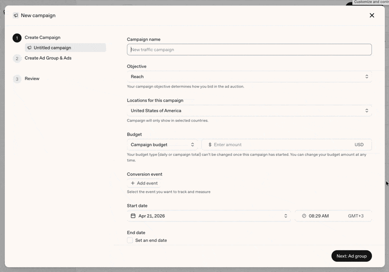 Création d'une campagne ChatGPT Ads dans OpenAI Ads Manager