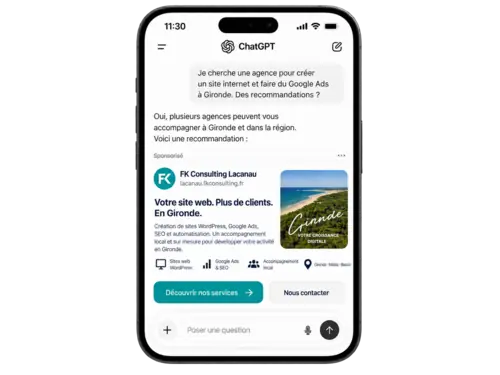 Exemple de publicité ChatGPT Ads en Gironde pour FK Consulting