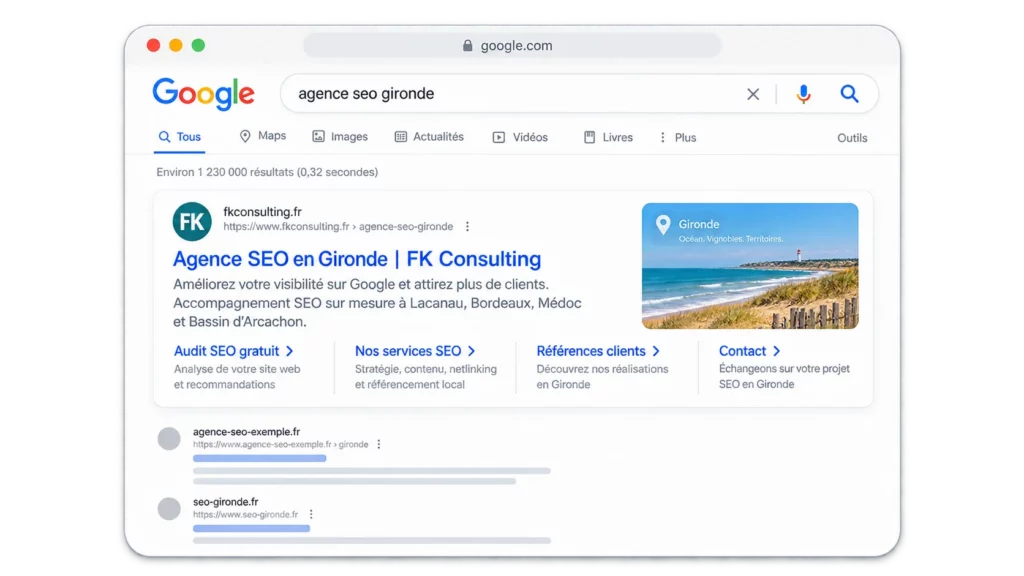 Exemple de visibilité SEO de FK Consulting sur Google en Gironde